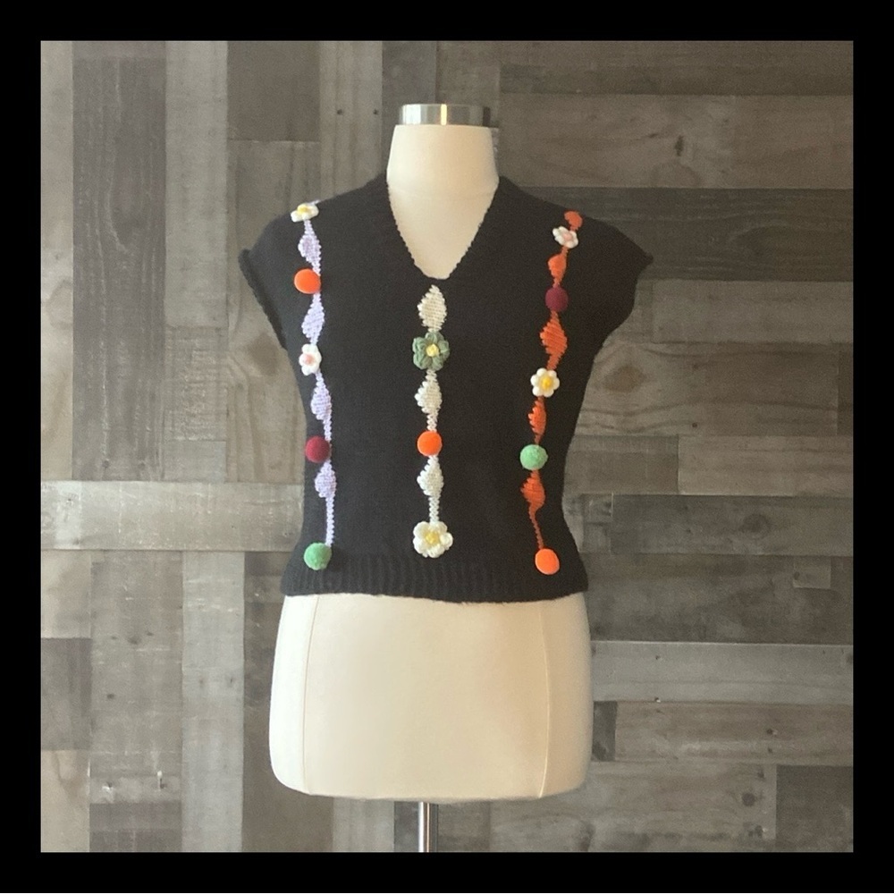Vintage inspired black knit sweater vest medium hippie boho floral puff balls